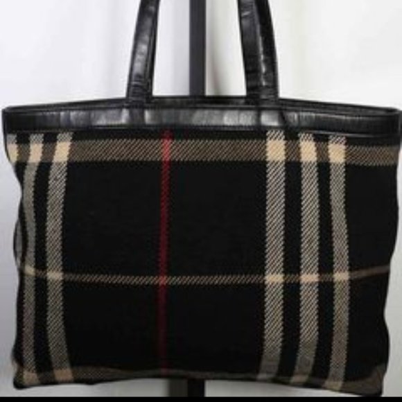 Burberry Striped Wool and Leather Trim Tote with Pouch by Burberry - Picture 1 of 8